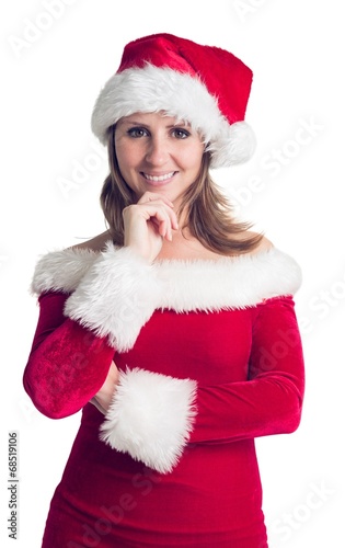 Portrait of pretty woman in santa costume smiling