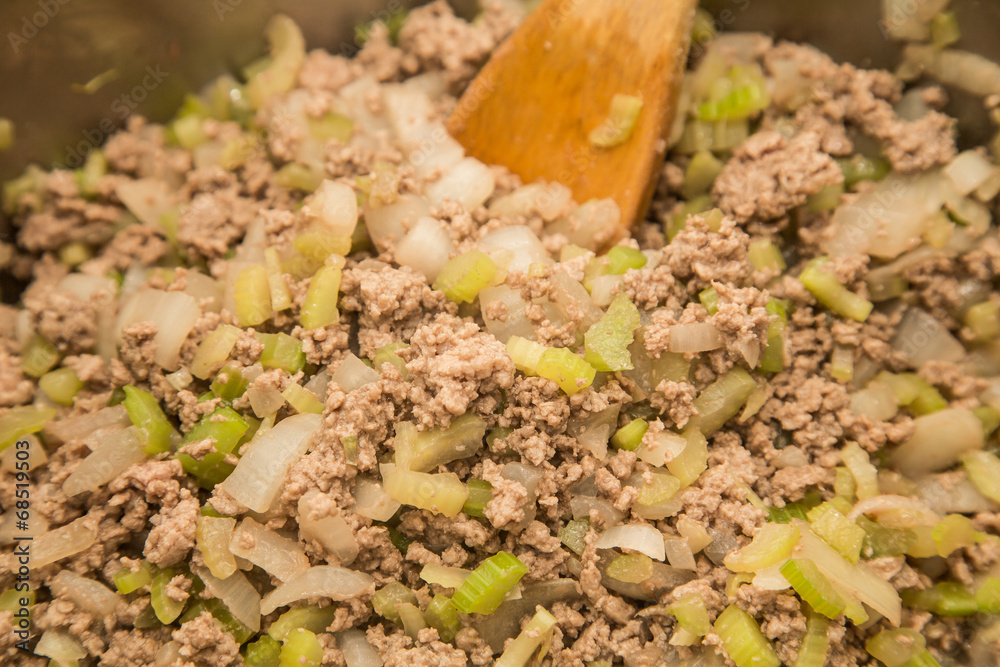 Cooking Ground Beef Celery and Onions Cooking Ground Beef Celery and Onions