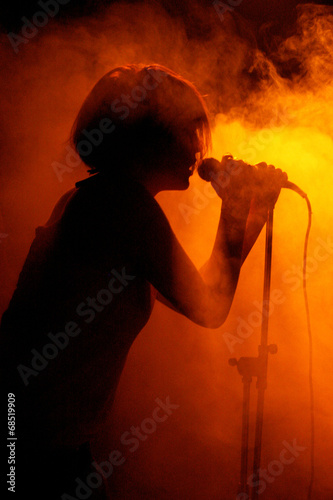 Concert photo of female singer holding microphone