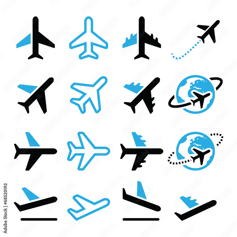 Plane, flight, airport  black and blue icons set