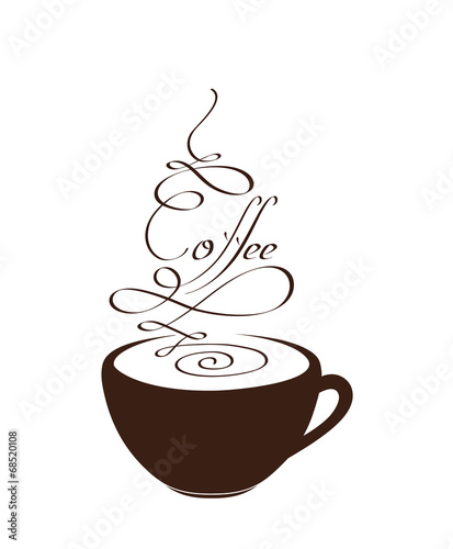 Cup (mug) of hot coffee. Text design in form of steam swirls.
