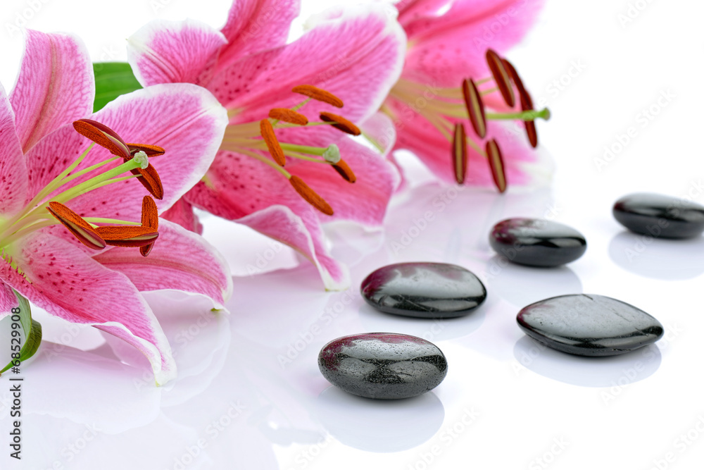 Kamienie bazaltowe z różowymi liliami - obrazy, fototapety, plakaty 