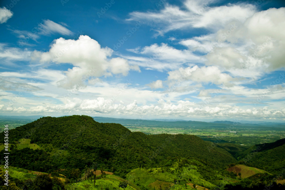 mountains green grass and blue sky landscape