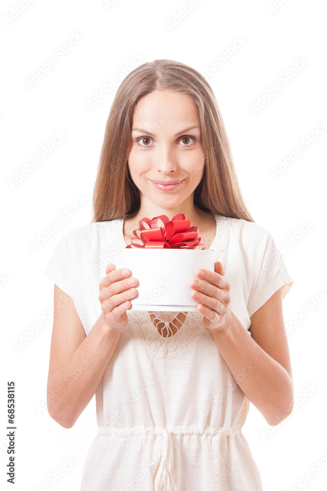 young woman holding white round gift box