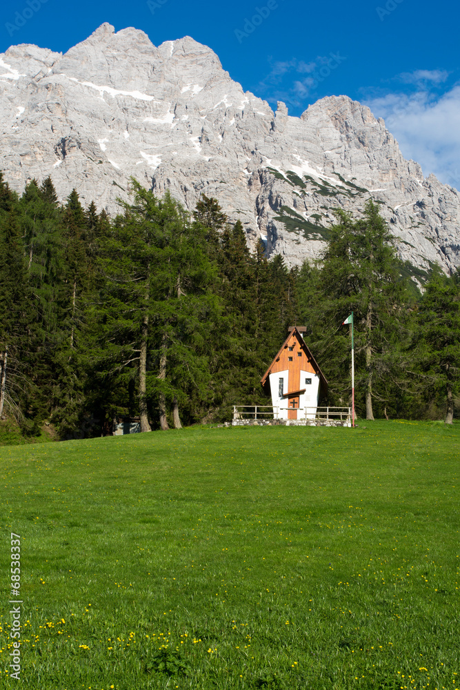 Small cute little church in the Dolomites