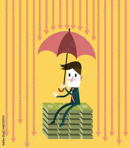 Businessman with umbrella save money.  vector illustration