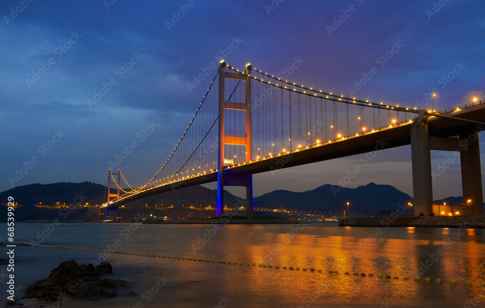 night view of the bridge Tsing Ma in Hong Kong