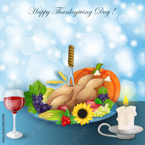 illustration of turkey, fruits and wine in Thanksgiving dinner