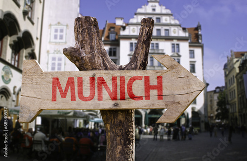 Munich wooden sign with a square on background