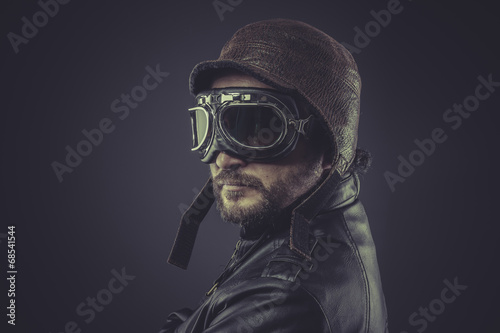 Fotografie, Tablou sensual, pilot dressed in vintage style leather cap and goggles