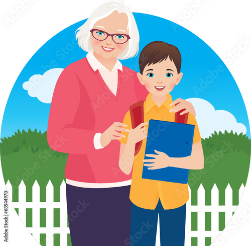 Elderly woman with her grandson schoolboy