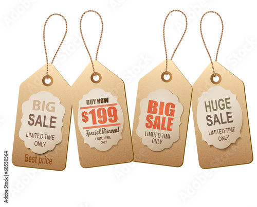 Sale tags. Concept of discount shopping.