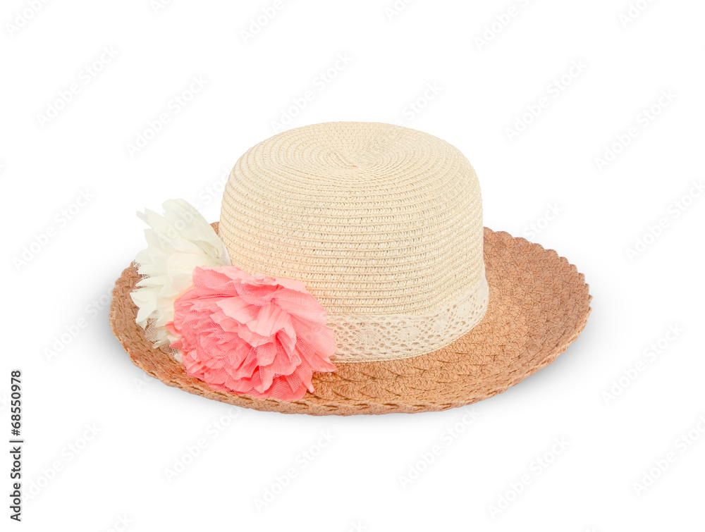 Pretty straw hat with flower on white background Pretty straw hat with flower on white background