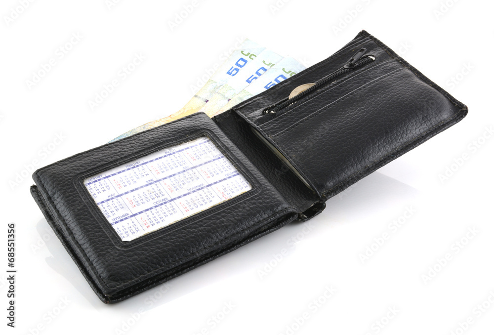Leather wallet and banknotes on a white background. Leather wallet and banknotes on a white background.