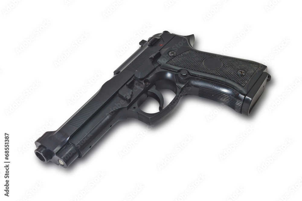 Black handgun isolated on a white background