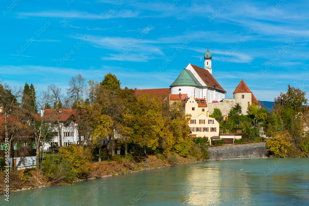 view on river in romantic Bavarian city Fussen, Germany