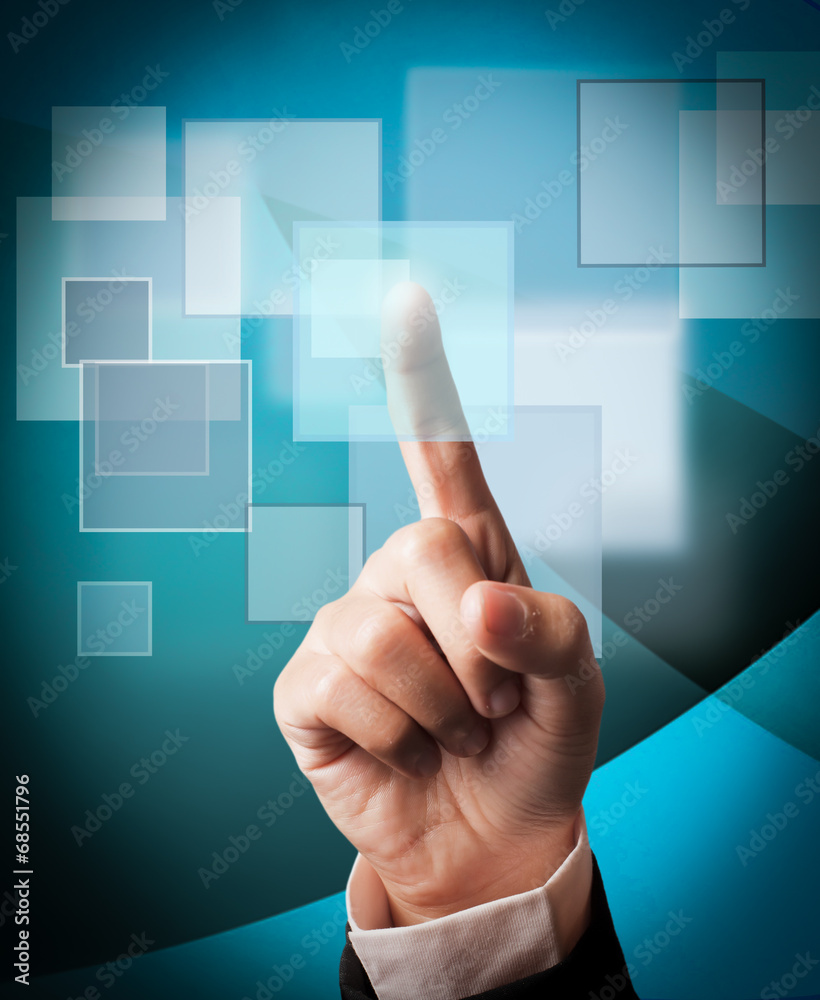 hand pushing a button on a touch screen interface hand pushing a button on a touch screen interface