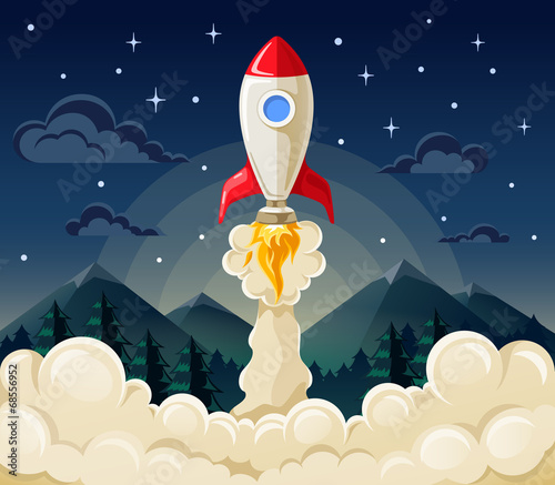Start up space rocket ship in flat style