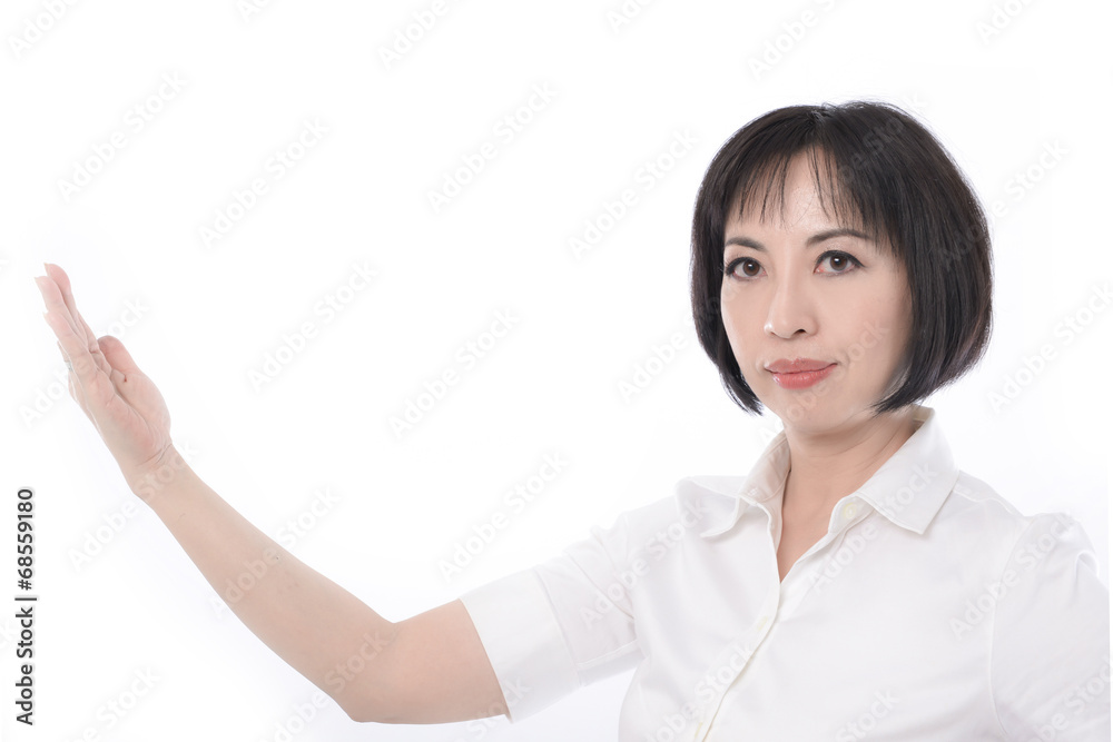 woman showing a product - open hand palms woman showing a product - open hand palms