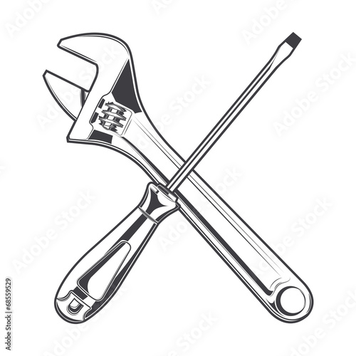 Wrench and screwdriver isolated on a white background. Line art