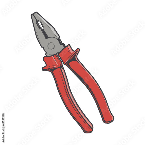Red pliers isolated on a white background. Color line art
