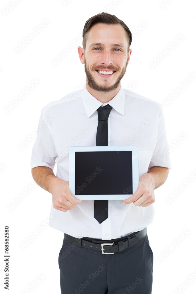 Geeky businessman showing his tablet pc