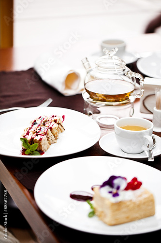 Breakfast with napoleon cake and tea