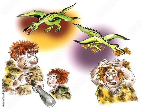 Cavemen and pterodactyls comic cartoon illustration photo