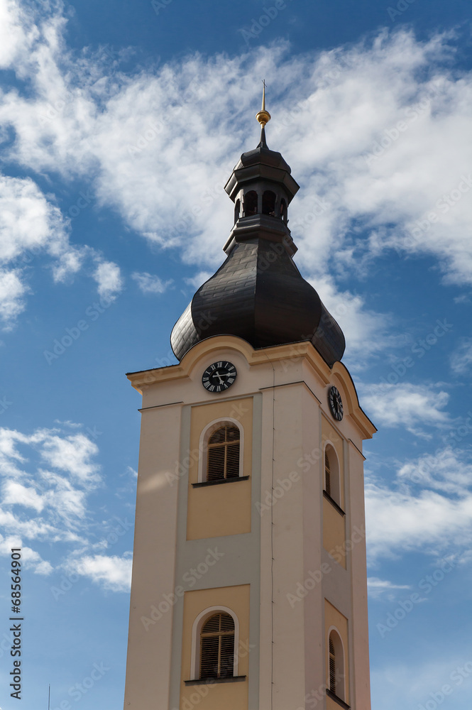 Tower church of St. Nicholas Dobrany with blue sky Tower church of St. Nicholas Dobrany with blue sky