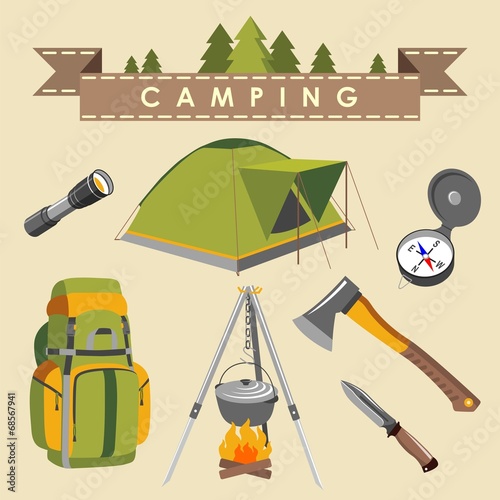 Set of camping equipment and objects