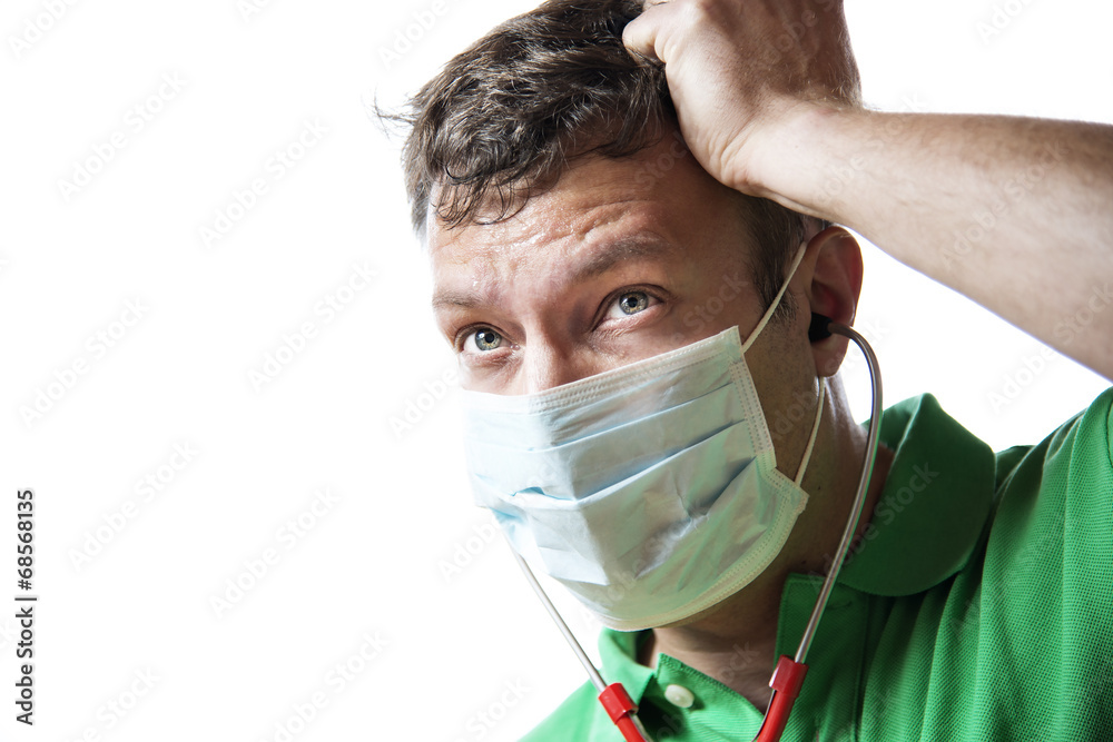 Helpless, anxious and perspiring doctor Helpless, anxious and perspiring doctor