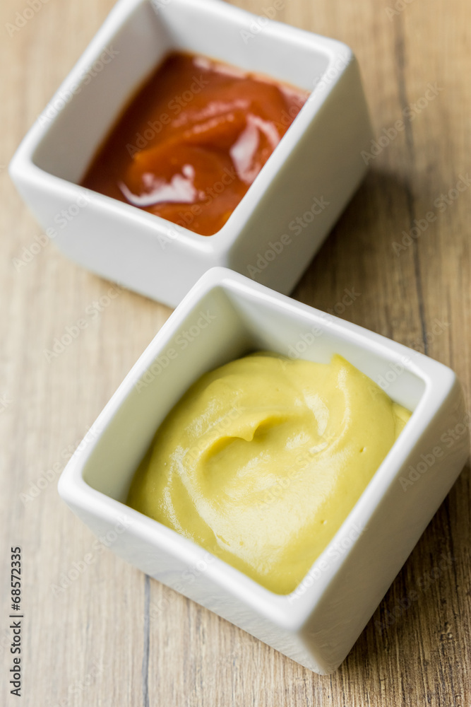 Mustard And Ketchup Sauce In White Bowl Mustard And Ketchup Sauce In White Bowl