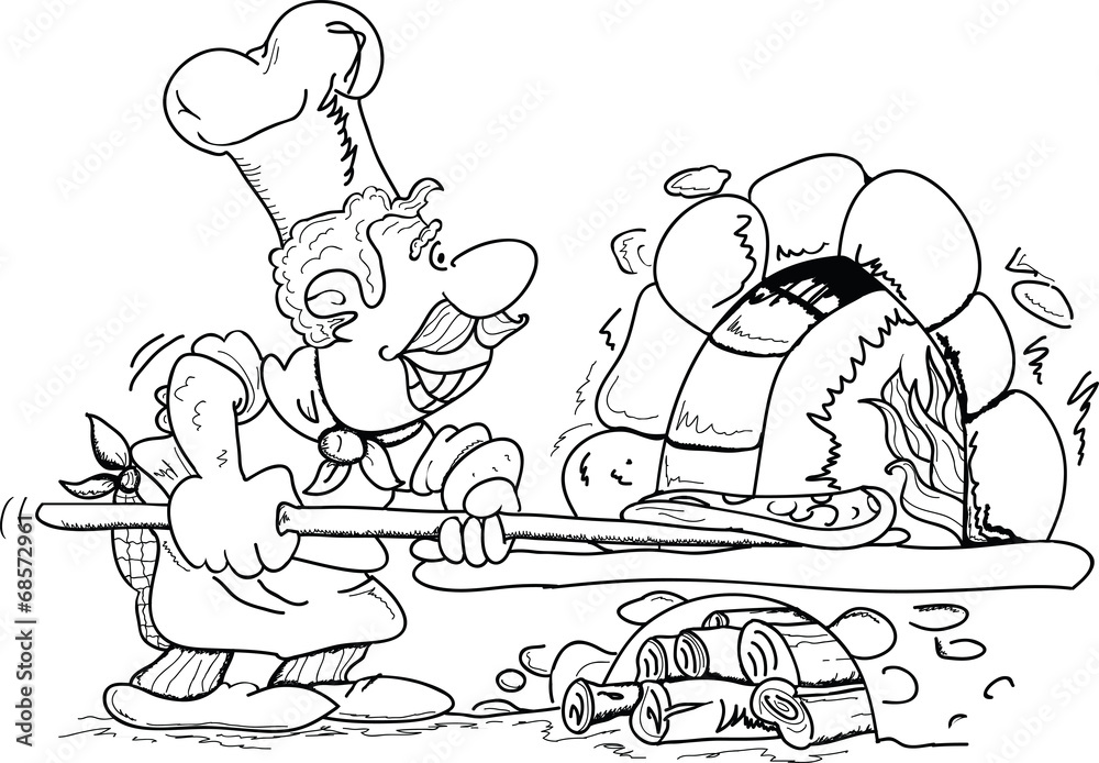Pizza maker throws pizza in stone oven with fire, vector icon illustration. Black and white pizza maker logo. Pizzeria vector illustration. Young pizzaiolo chef.