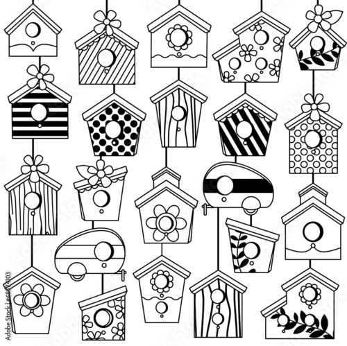 Vector Set of Cute Line Art Birdhouses