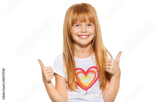 Fotografie Cute little girl showing thumbs up with both hands, isolated