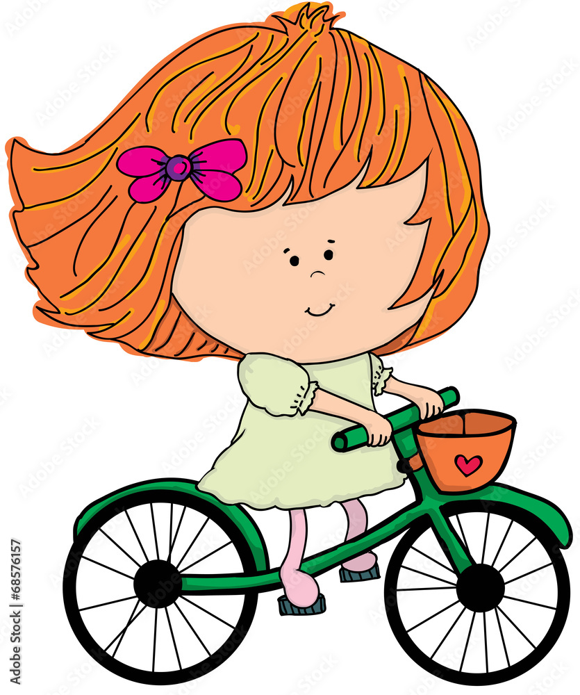 Stylish illustration of red little girl on bike. People looking outside. Healthy lifestyle. Stylish illustration of red little girl on bike. People looking outside. Healthy lifestyle.