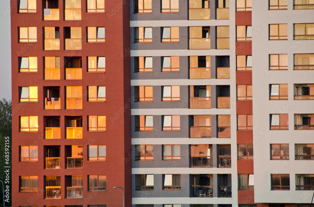 urban house exterior in evening sunlight
