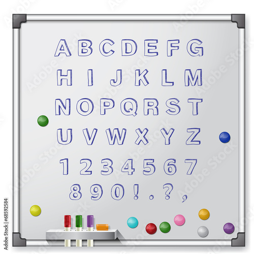 White board with colored markers and handrawn alphabet