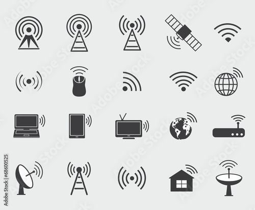 Black wireless icons. Set  icons for wifi control access and ra