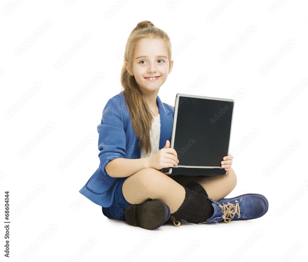 School Girl Kid and Computer. Schoolgirl with Notebook, Laptop School Girl Kid and Computer. Schoolgirl with Notebook, Laptop