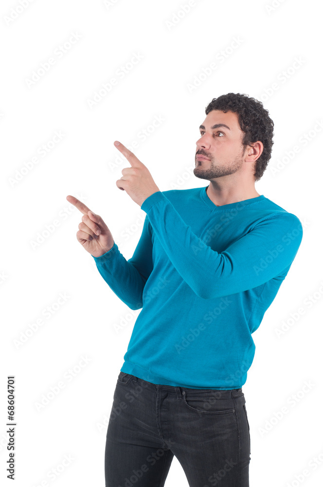 Man in blue pointing to somewhere Man in blue pointing to somewhere