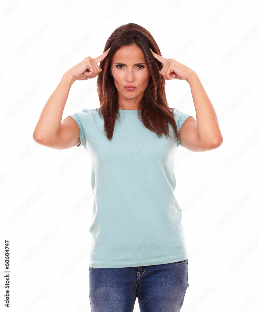 Reflective pretty girl standing and looking at you Reflective pretty girl standing and looking at you