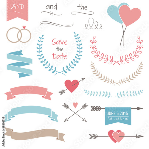 Wedding set, arrows, hearts, laurel, wreaths, ribbons, rings