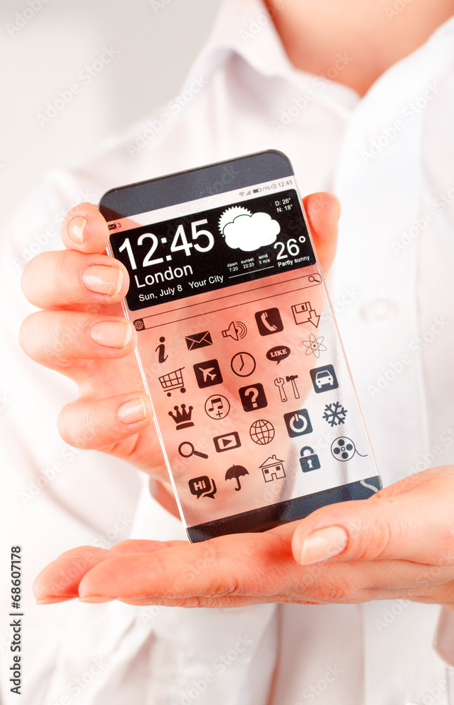 Smartphone with transparent screen in human hands. Smartphone with transparent screen in human hands.