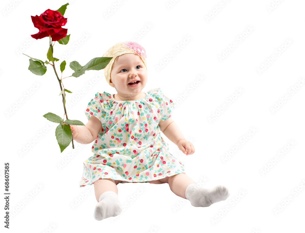 Little cute child girl with flower isolated on white Little cute child girl with flower isolated on white