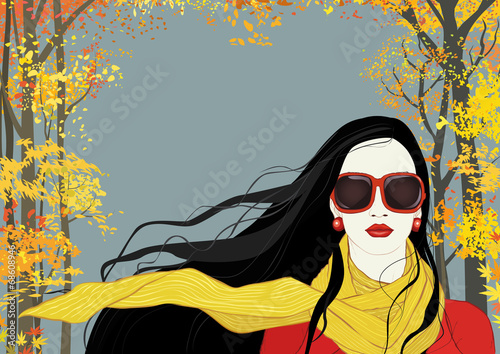 Portrait of a brunette woman with long flying in the wind hair