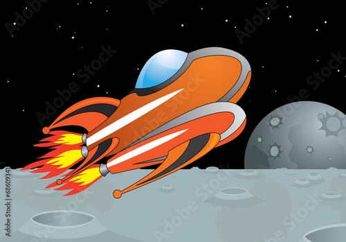 Vector illustration of cosmic ship flies on moon surface