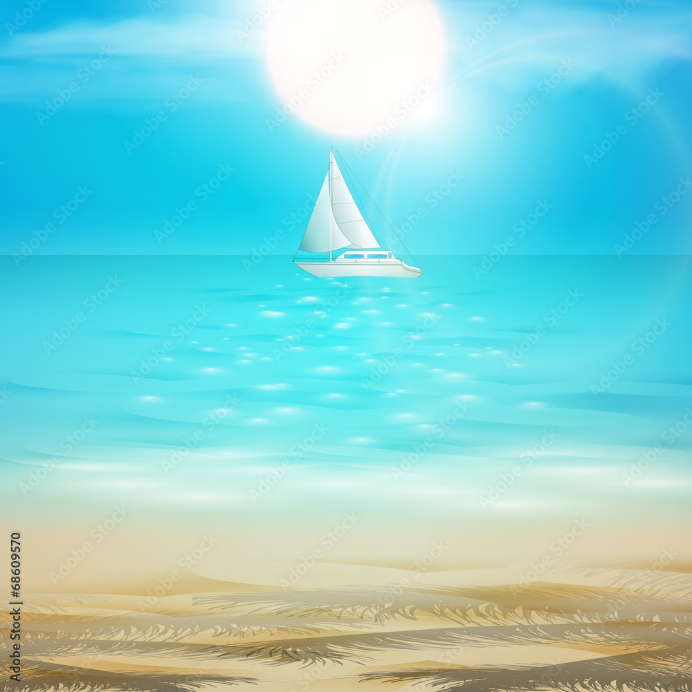 Vector summer beach background sand, ocean, sun and sailing yach