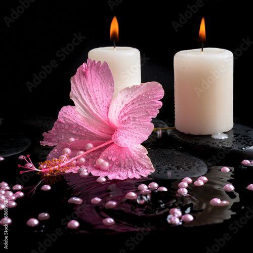 Beautiful spa concept  of pink hibiscus  candles  zen stones wit