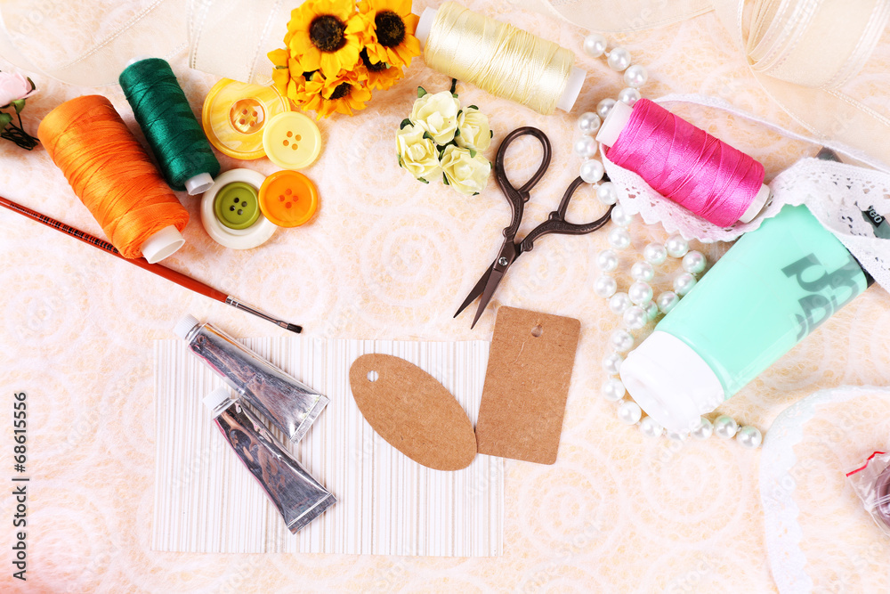 Scrapbooking craft materials on light background Scrapbooking craft materials on light background